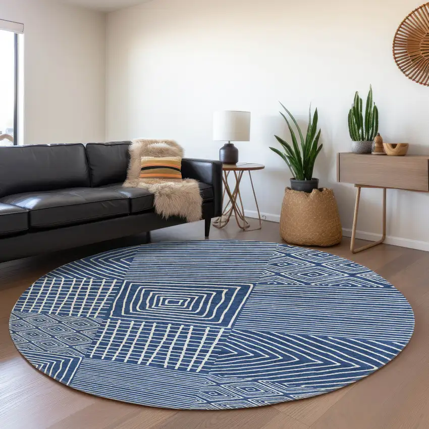 8' Navy Blue And Ivory Geometric Washable Round Rug With UV Protection Photo 4