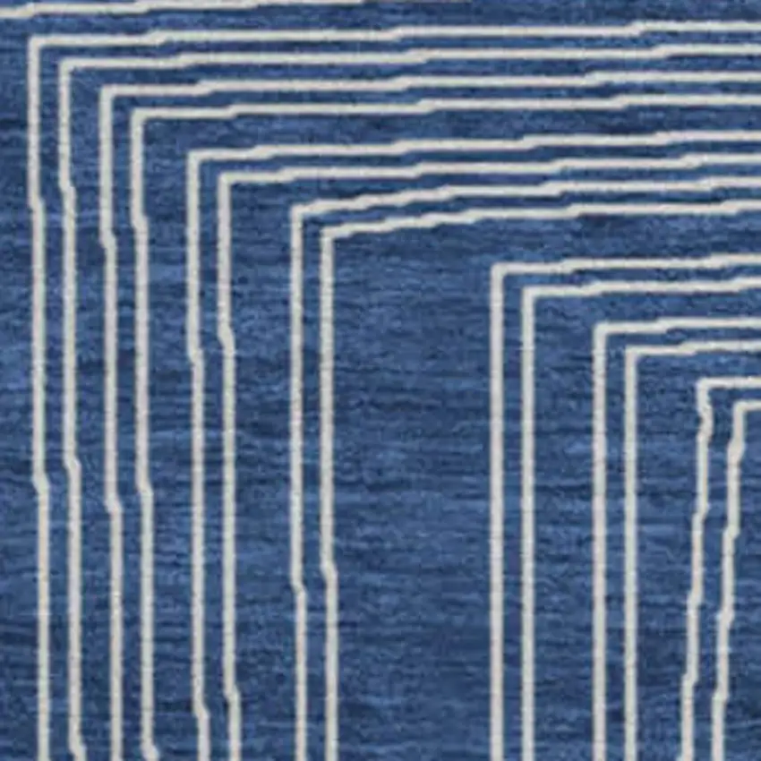 8' Navy Blue And Ivory Geometric Washable Round Rug With UV Protection Photo 2