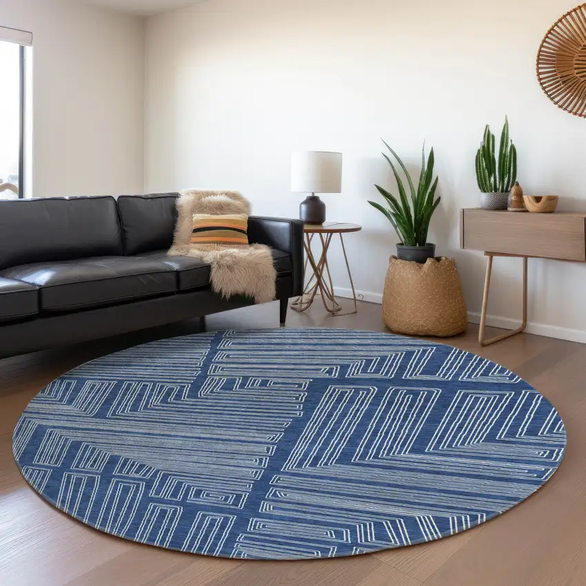 8' Navy Blue And Ivory Geometric Washable Round Rug With UV Protection Photo 4