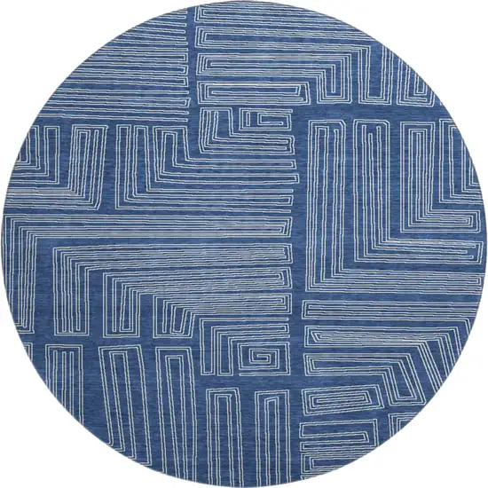 8' Navy Blue And Ivory Geometric Washable Round Rug With UV Protection Photo 1