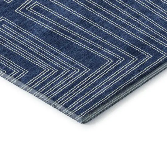 8' Navy Blue And Ivory Geometric Washable Round Rug With UV Protection Photo 6