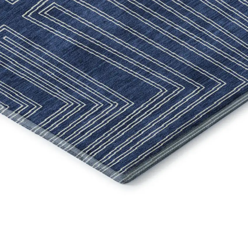 8' Navy Blue And Ivory Geometric Washable Round Rug With UV Protection Photo 6