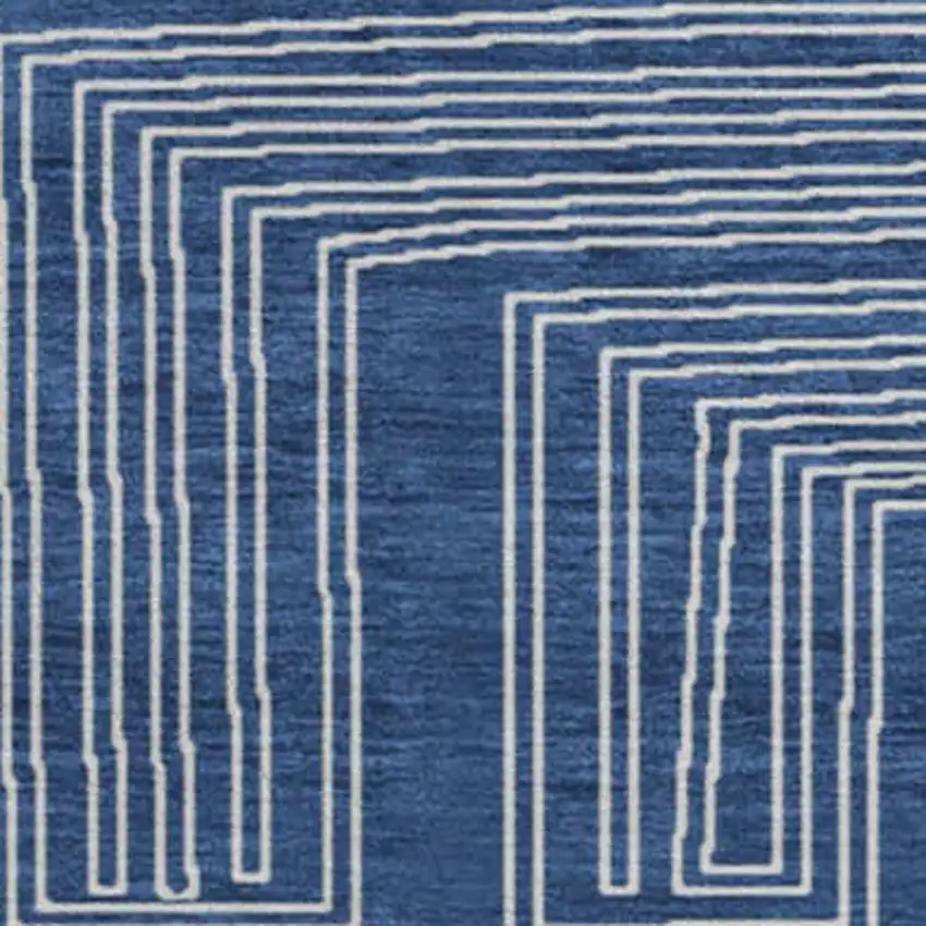 8' Navy Blue And Ivory Geometric Washable Round Rug With UV Protection Photo 3