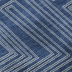 Photo of 8' Navy Blue And Ivory Geometric Washable Round Rug With UV Protection