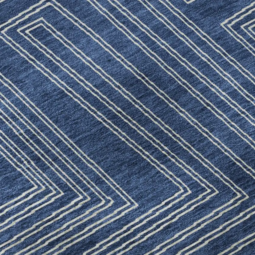 8' Navy Blue And Ivory Geometric Washable Round Rug With UV Protection Photo 8