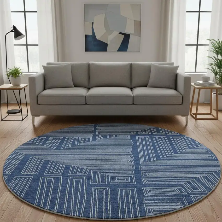 8' Navy Blue And Ivory Geometric Washable Round Rug With UV Protection Photo 2