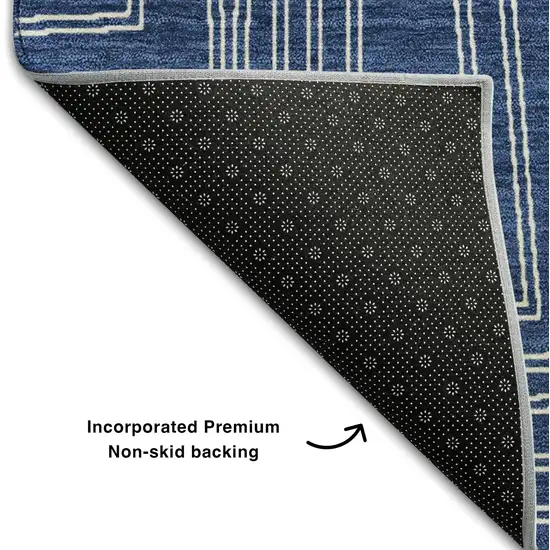 8' Navy Blue And Ivory Geometric Washable Round Rug With UV Protection Photo 5