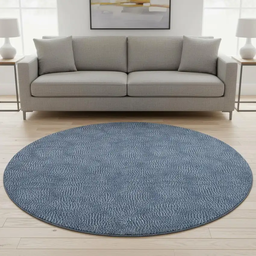 8' Navy Blue And Ivory Geometric Washable Round Rug With UV Protection Photo 2