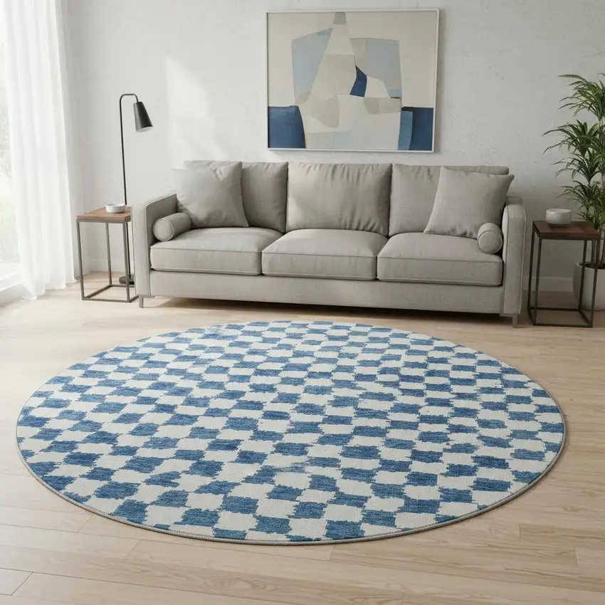 8' Navy Blue And Ivory Geometric Washable Round Rug With UV Protection Photo 2