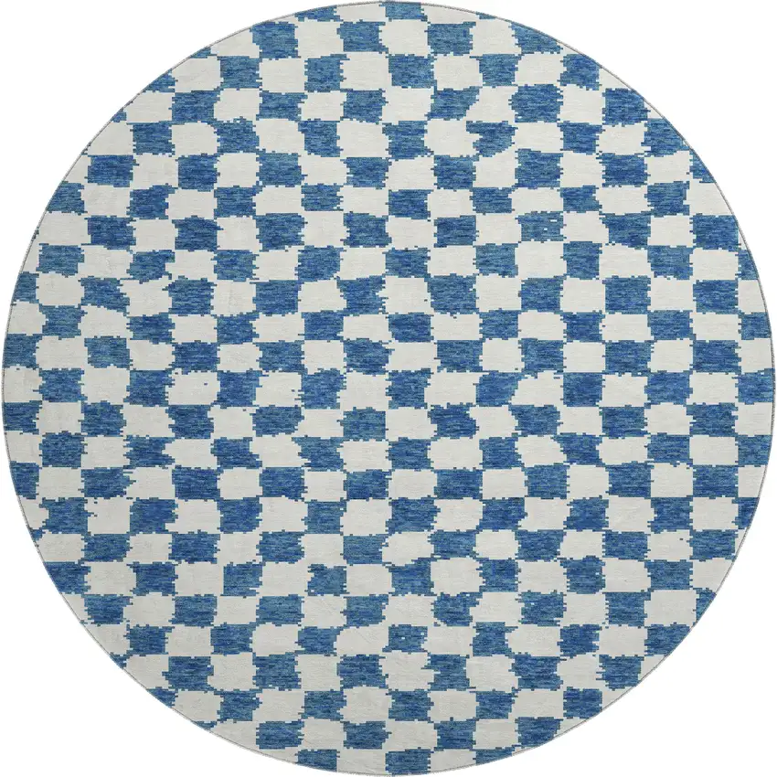 8' Navy Blue And Ivory Geometric Washable Round Rug With UV Protection Photo 1