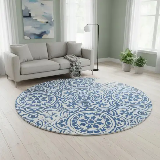 8' Navy Blue And Ivory Medallion Washable Round Rug With UV Protection Photo 2