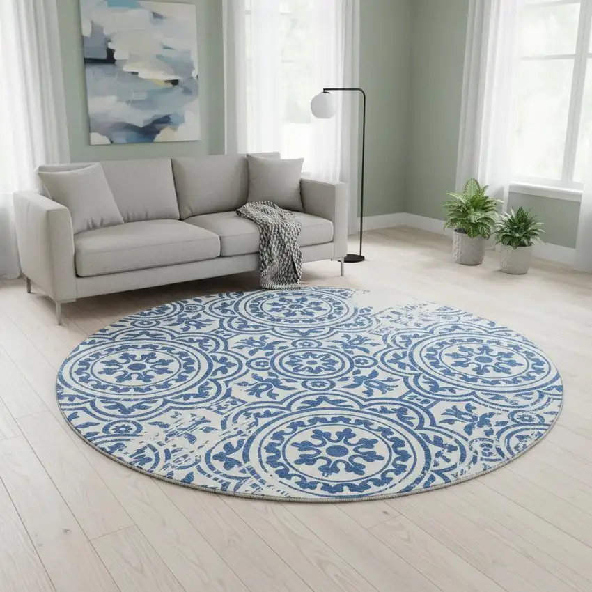 8' Navy Blue And Ivory Medallion Washable Round Rug With UV Protection Photo 2