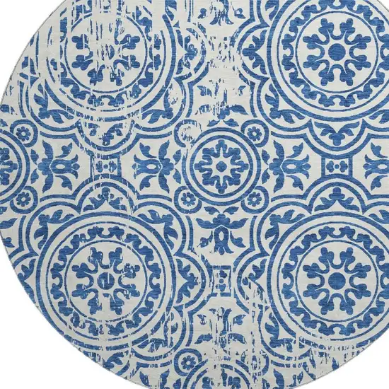 8' Navy Blue And Ivory Medallion Washable Round Rug With UV Protection Photo 4