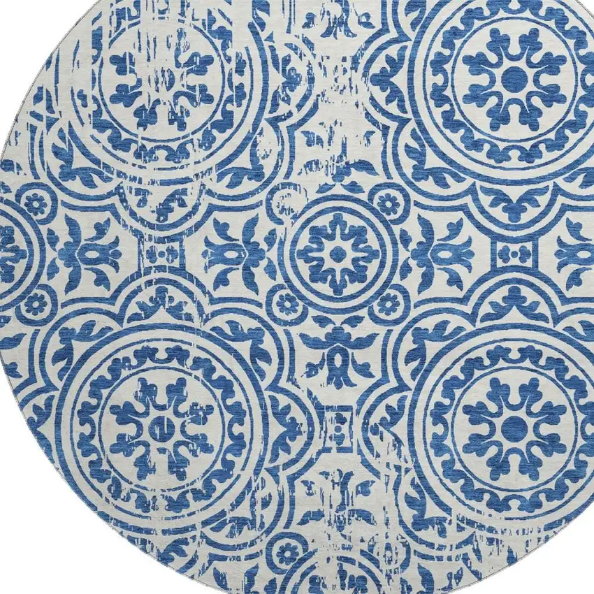 8' Navy Blue And Ivory Medallion Washable Round Rug With UV Protection Photo 4
