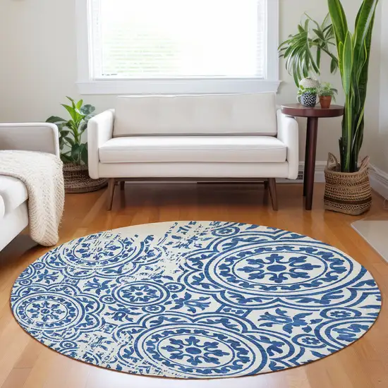 8' Navy Blue And Ivory Medallion Washable Round Rug With UV Protection Photo 5