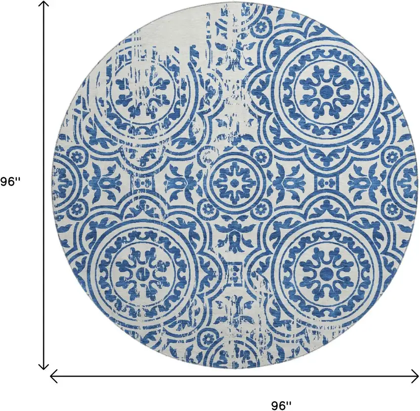 8' Navy Blue And Ivory Medallion Washable Round Rug With UV Protection Photo 3