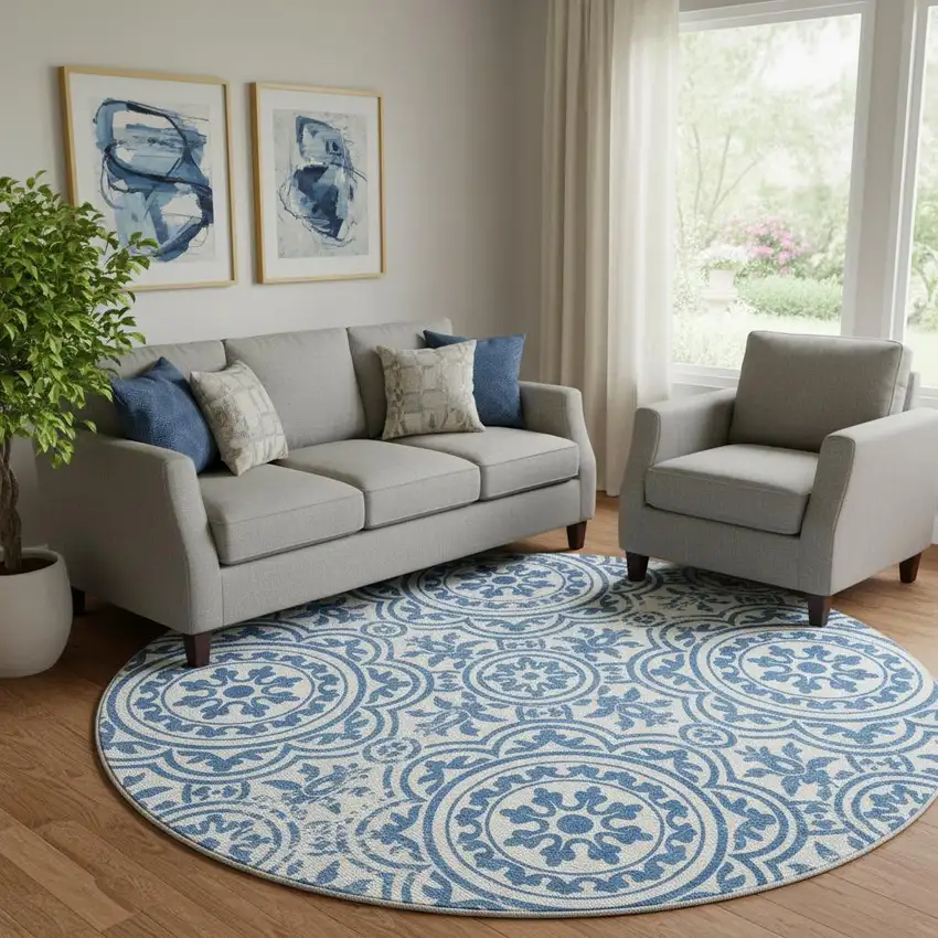 8' Navy Blue And Ivory Medallion Washable Round Rug With UV Protection Photo 1