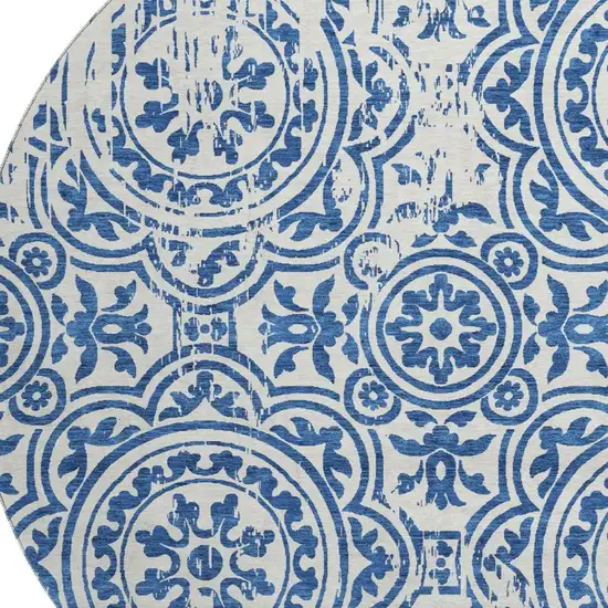 8' Navy Blue And Ivory Medallion Washable Round Rug With UV Protection Photo 3