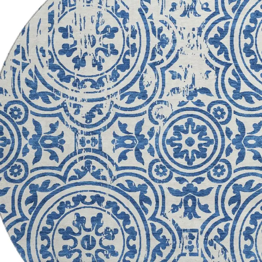 8' Navy Blue And Ivory Medallion Washable Round Rug With UV Protection Photo 3
