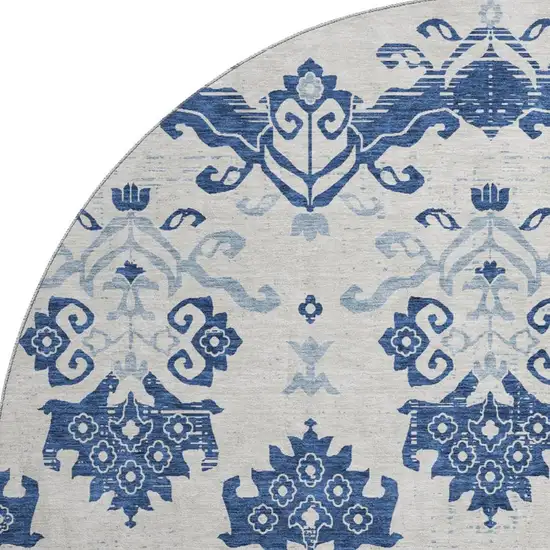 8' Navy Blue And Ivory Medallion Washable Round Rug With UV Protection Photo 3