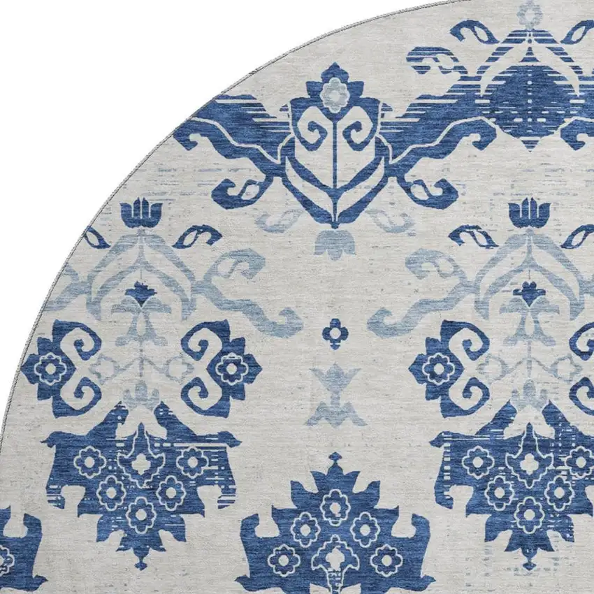 8' Navy Blue And Ivory Medallion Washable Round Rug With UV Protection Photo 3
