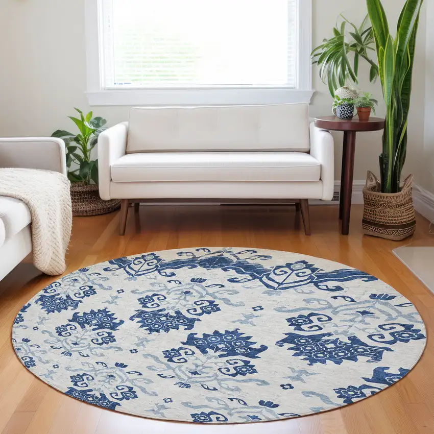 8' Navy Blue And Ivory Medallion Washable Round Rug With UV Protection Photo 5
