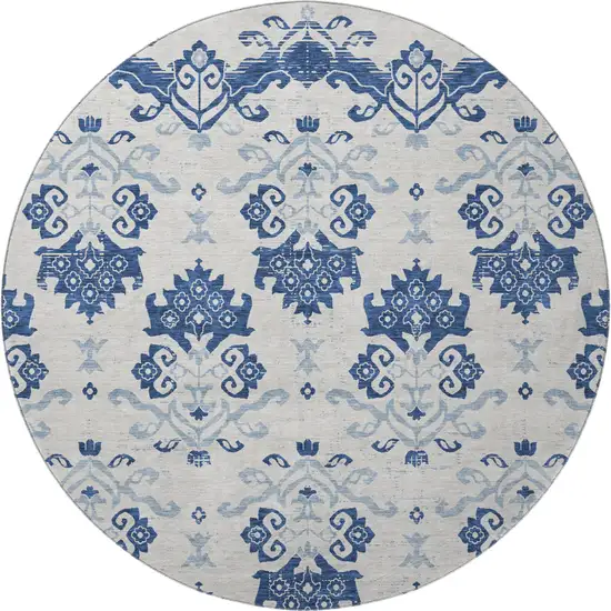 8' Navy Blue And Ivory Medallion Washable Round Rug With UV Protection Photo 4