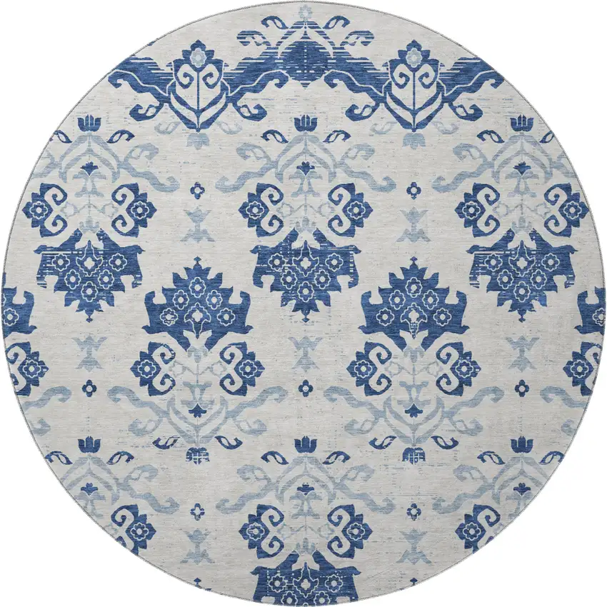 8' Navy Blue And Ivory Medallion Washable Round Rug With UV Protection Photo 4