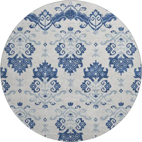 8' Navy Blue And Ivory Medallion Washable Round Rug With UV Protection Photo 1