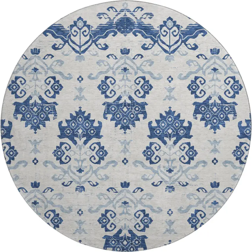 8' Navy Blue And Ivory Medallion Washable Round Rug With UV Protection Photo 1
