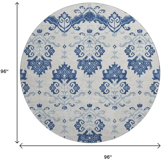 8' Navy Blue And Ivory Medallion Washable Round Rug With UV Protection Photo 3