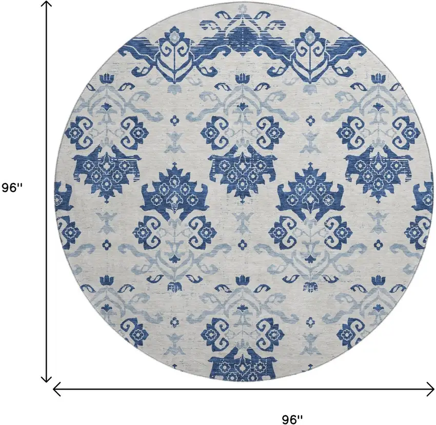 8' Navy Blue And Ivory Medallion Washable Round Rug With UV Protection Photo 3