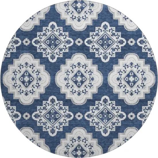 8' Navy Blue And Ivory Medallion Washable Round Rug With UV Protection Photo 1