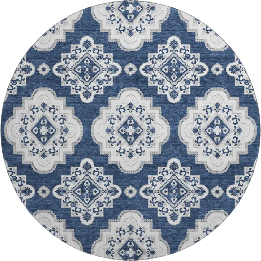 8' Navy Blue And Ivory Medallion Washable Round Rug With UV Protection Photo 1