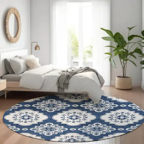 8' Navy Blue And Ivory Medallion Washable Round Rug With UV Protection Photo 5