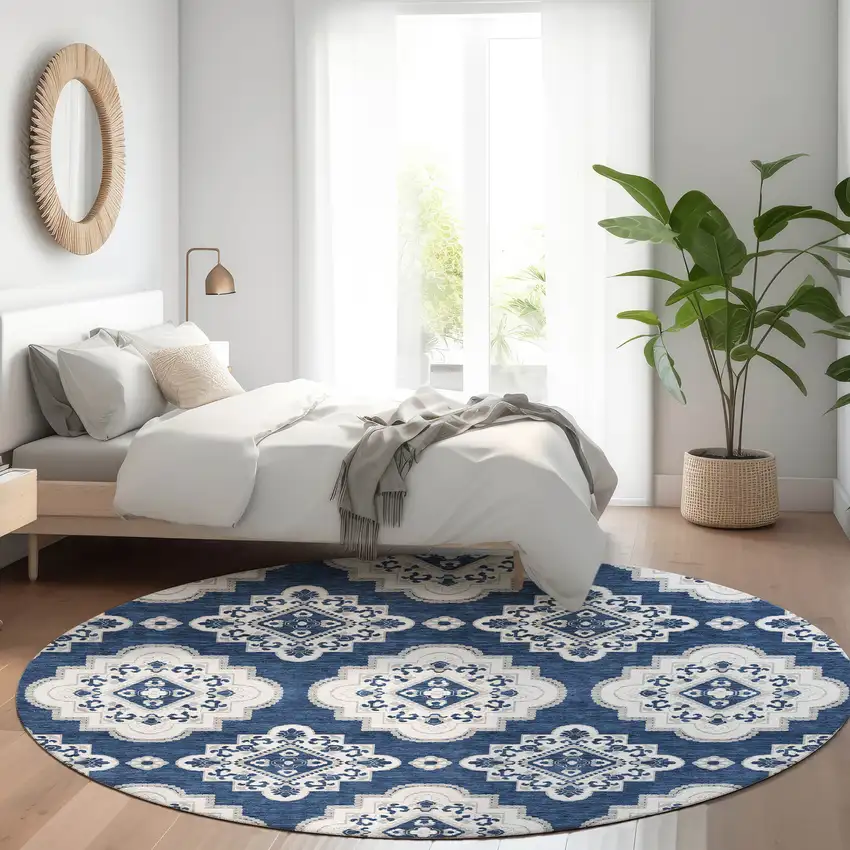 8' Navy Blue And Ivory Medallion Washable Round Rug With UV Protection Photo 5