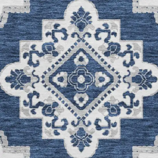 8' Navy Blue And Ivory Medallion Washable Round Rug With UV Protection Photo 3