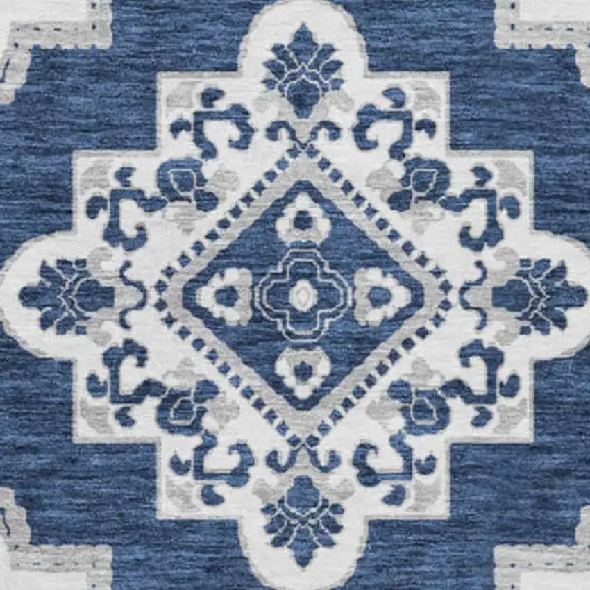 8' Navy Blue And Ivory Medallion Washable Round Rug With UV Protection Photo 3