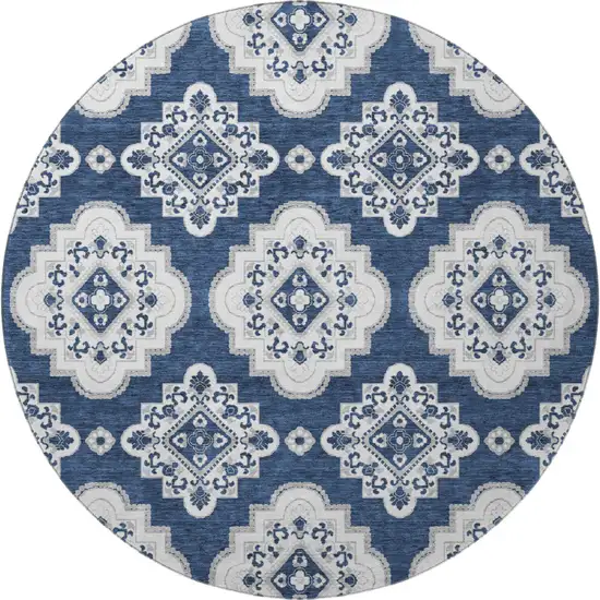 8' Navy Blue And Ivory Medallion Washable Round Rug With UV Protection Photo 4