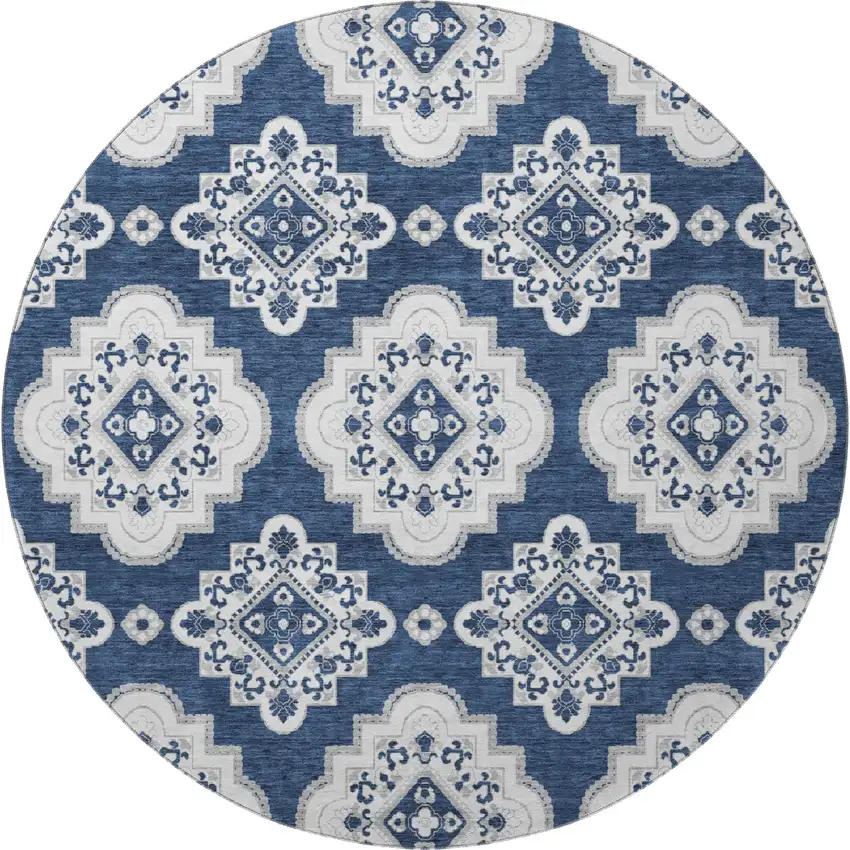 8' Navy Blue And Ivory Medallion Washable Round Rug With UV Protection Photo 4
