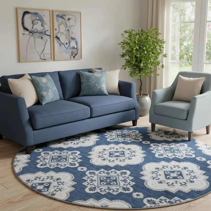 8' Navy Blue And Ivory Medallion Washable Round Rug With UV Protection Photo 1