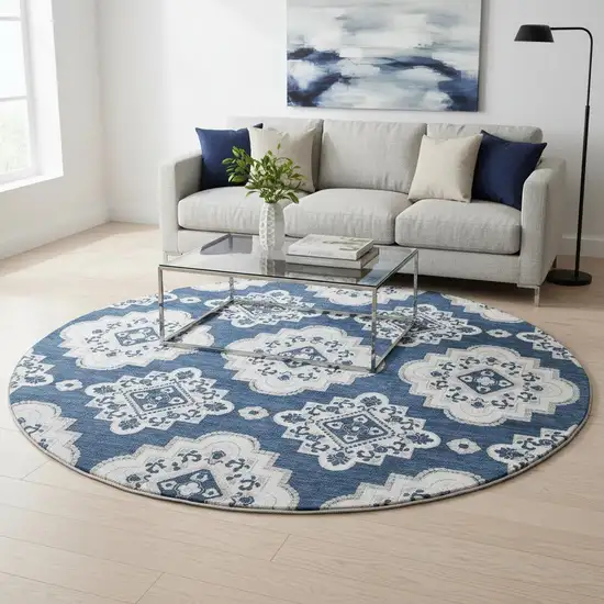 8' Navy Blue And Ivory Medallion Washable Round Rug With UV Protection Photo 2