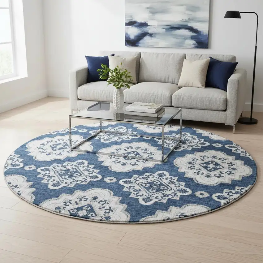 8' Navy Blue And Ivory Medallion Washable Round Rug With UV Protection Photo 2