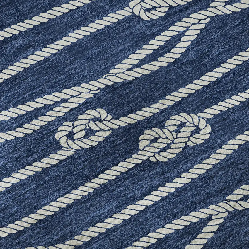 8' Navy Blue And Ivory Nautical Washable Round Rug With UV Protection Photo 9
