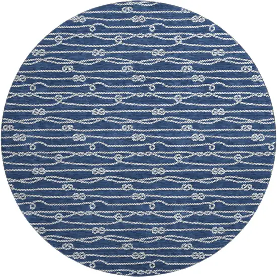 8' Navy Blue And Ivory Nautical Washable Round Rug With UV Protection Photo 2