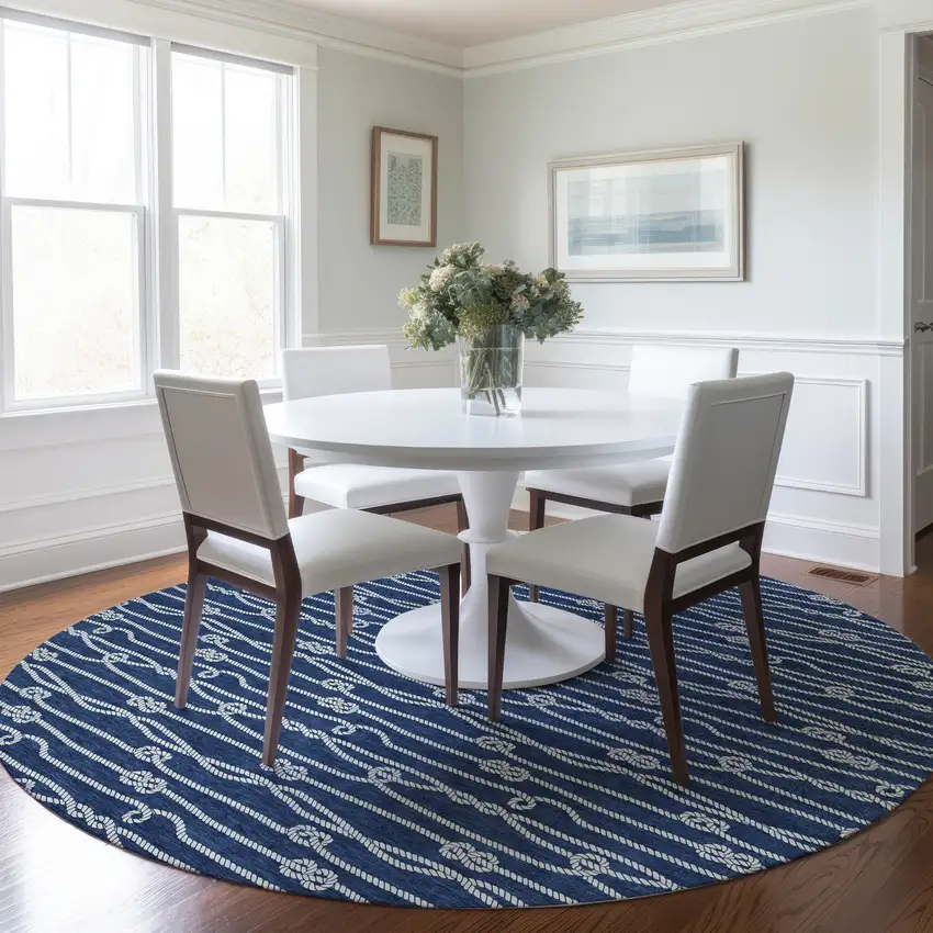 8' Navy Blue And Ivory Nautical Washable Round Rug With UV Protection Photo 6