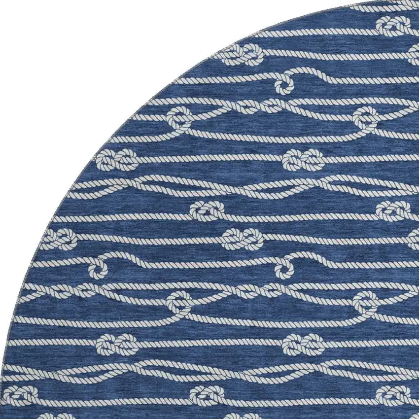 8' Navy Blue And Ivory Nautical Washable Round Rug With UV Protection Photo 4
