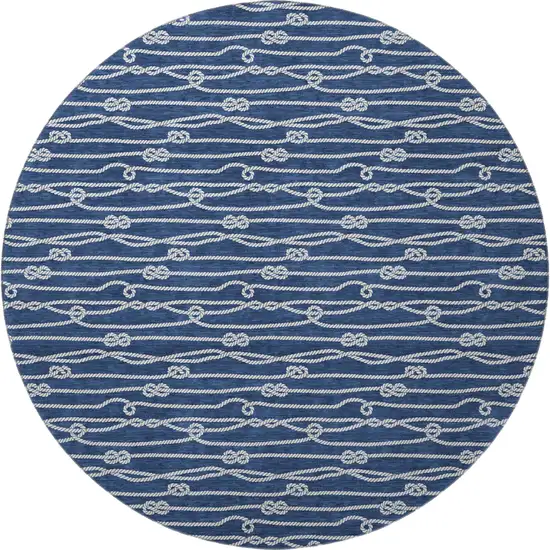 8' Navy Blue And Ivory Nautical Washable Round Rug With UV Protection Photo 5