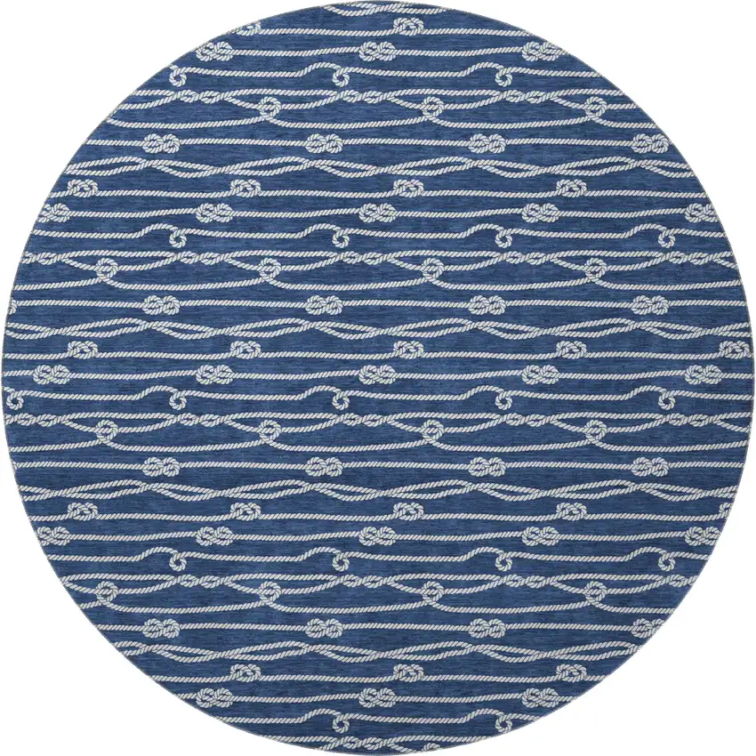 8' Navy Blue And Ivory Nautical Washable Round Rug With UV Protection Photo 5