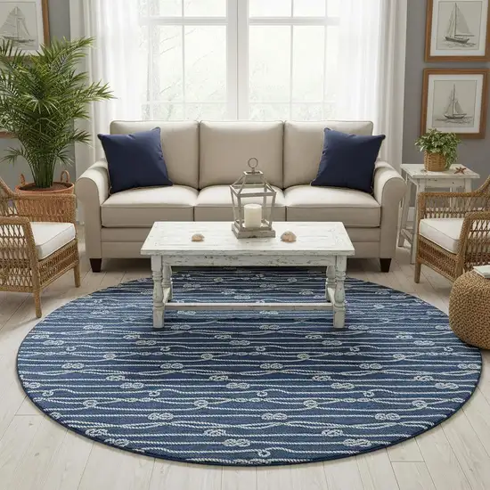 8' Navy Blue And Ivory Nautical Washable Round Rug With UV Protection Photo 1
